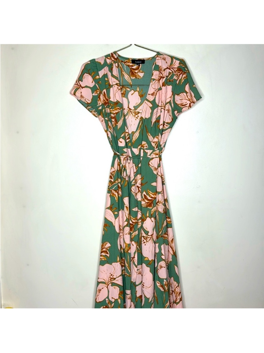 Aakaa | Green & Pink Maxi Wrap Waist Dress | Vacation Glamour Daytime Trip